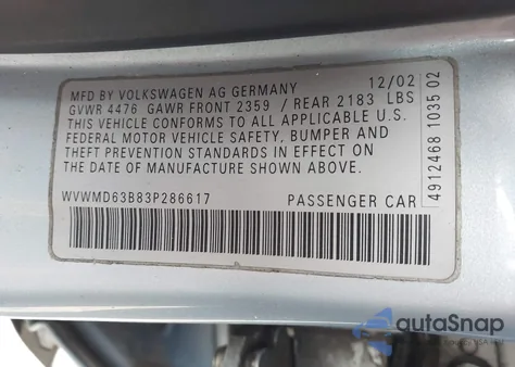 2003 Volkswagen Passat Gl from USA, damaged, VIN WVWMD63B83P286617